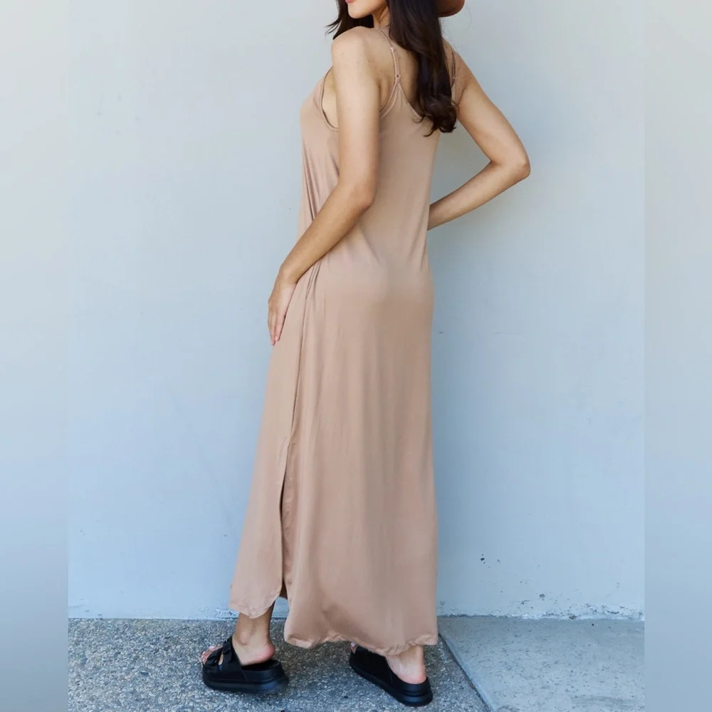 SALE! Ninexis Good Energy Full Size Cami Side Slit Maxi Dress in Camel Tan - Picture 4 of 5